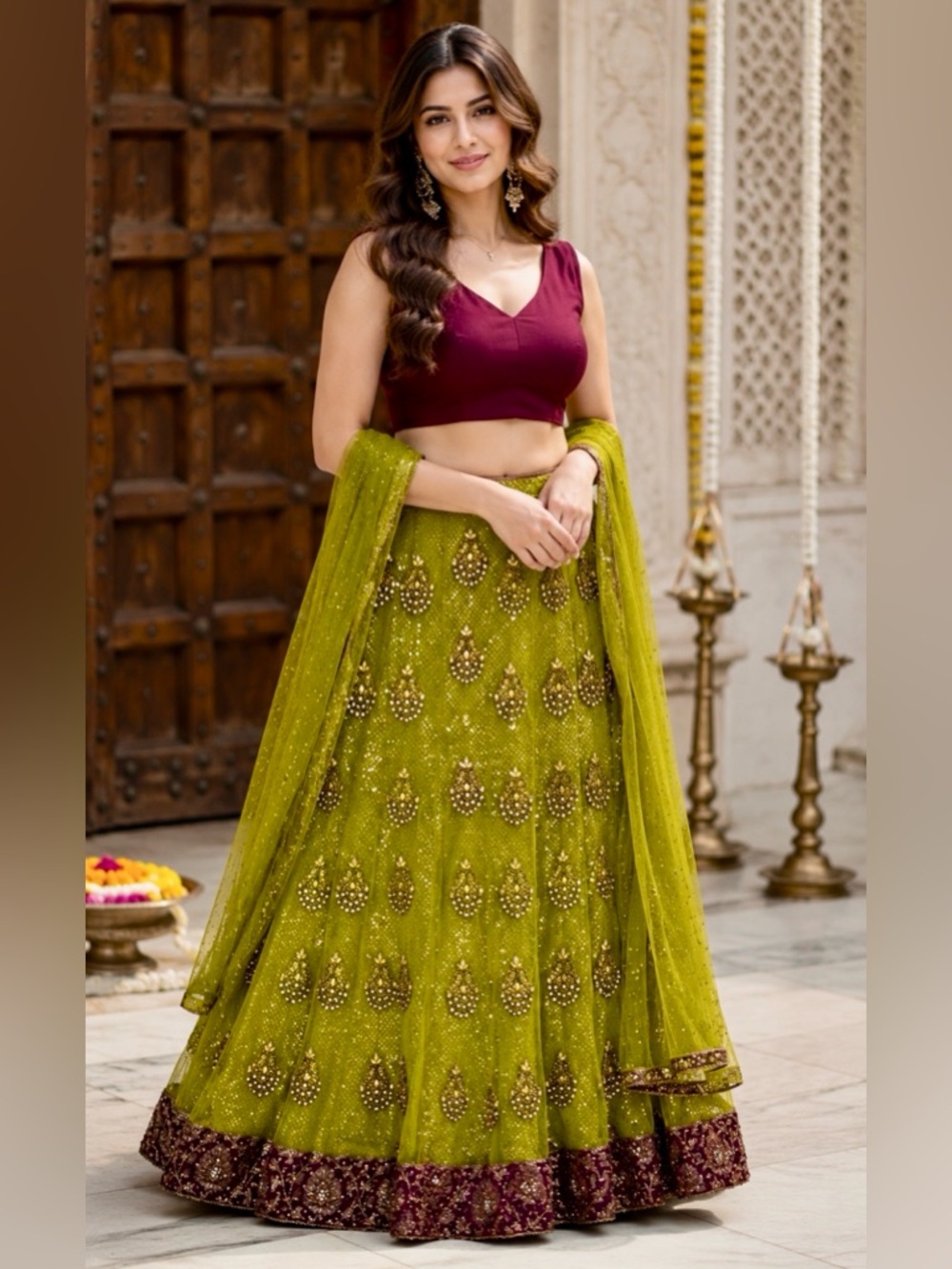 Chartreuse Green Sequin Lehenga Skirt Heavy Embellished Indian Wedding Max 30”W